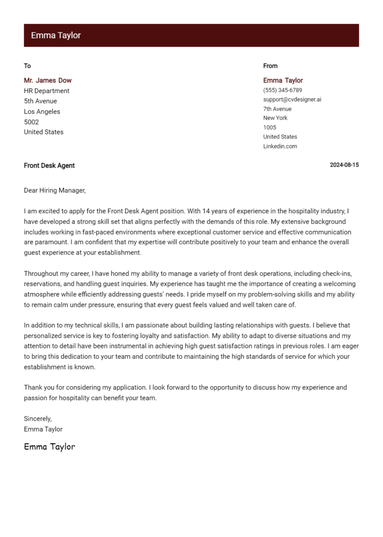 6 Front Desk Agent Cover Letter Examples for 2025: Ultimate Guide 1 6 Front Desk Agent Cover Letter Examples for 2025: Ultimate Guide