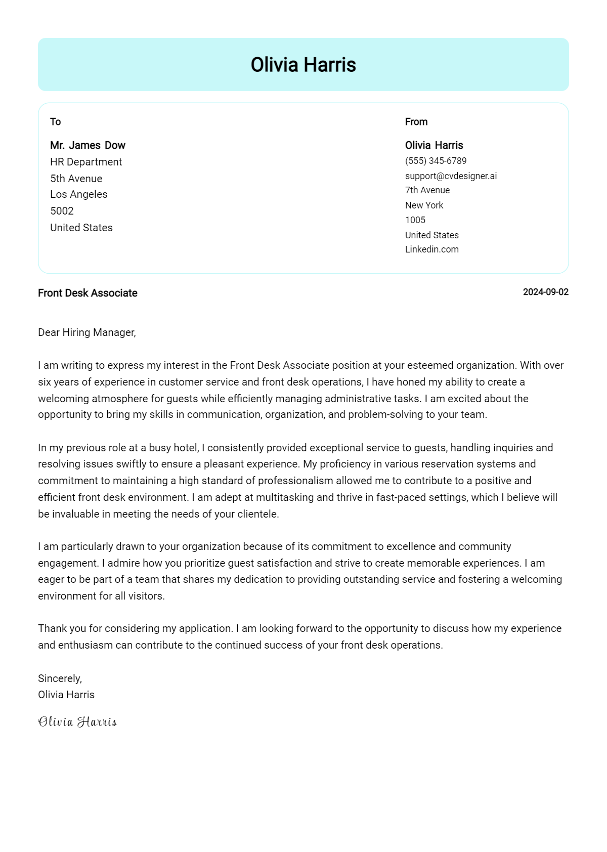 front desk associate cover letter example
