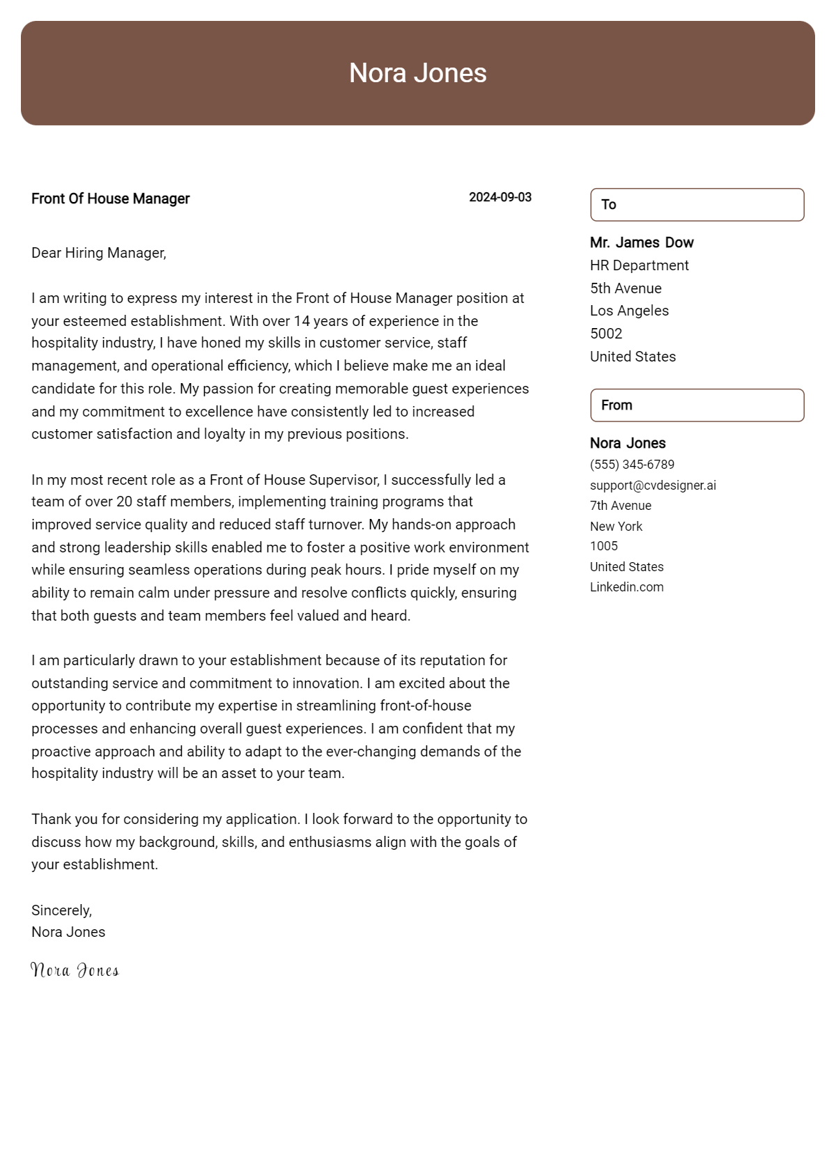 front of house manager cover letter example