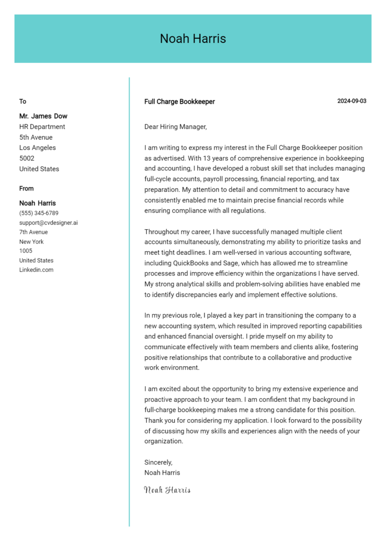 Full Charge Bookkeeper Cover Letter Example for 2025: Expert Tips & Templates