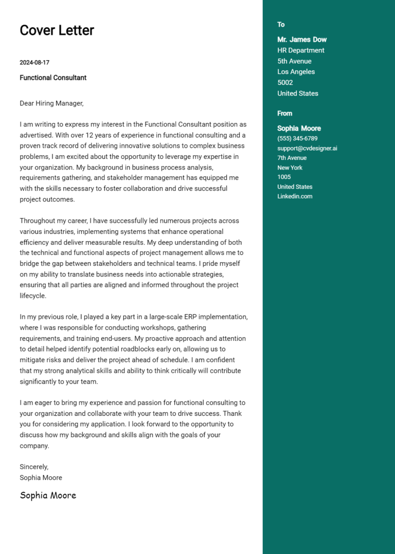 16 Functional Consultant Cover Letter Example for 2025 (Complete Writing Guide) 1 16 Functional Consultant Cover Letter Example for 2025 (Complete Writing Guide)
