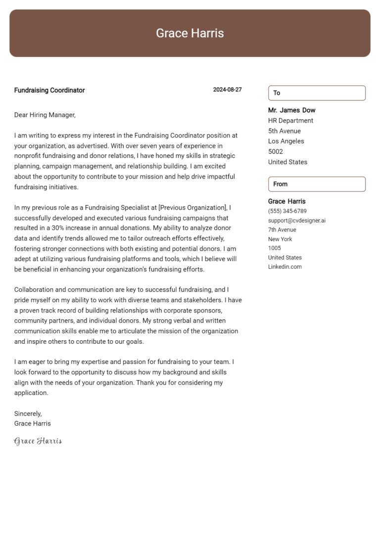 Fundraising Coordinator Cover Letter Example for 2025: Tips & Templates