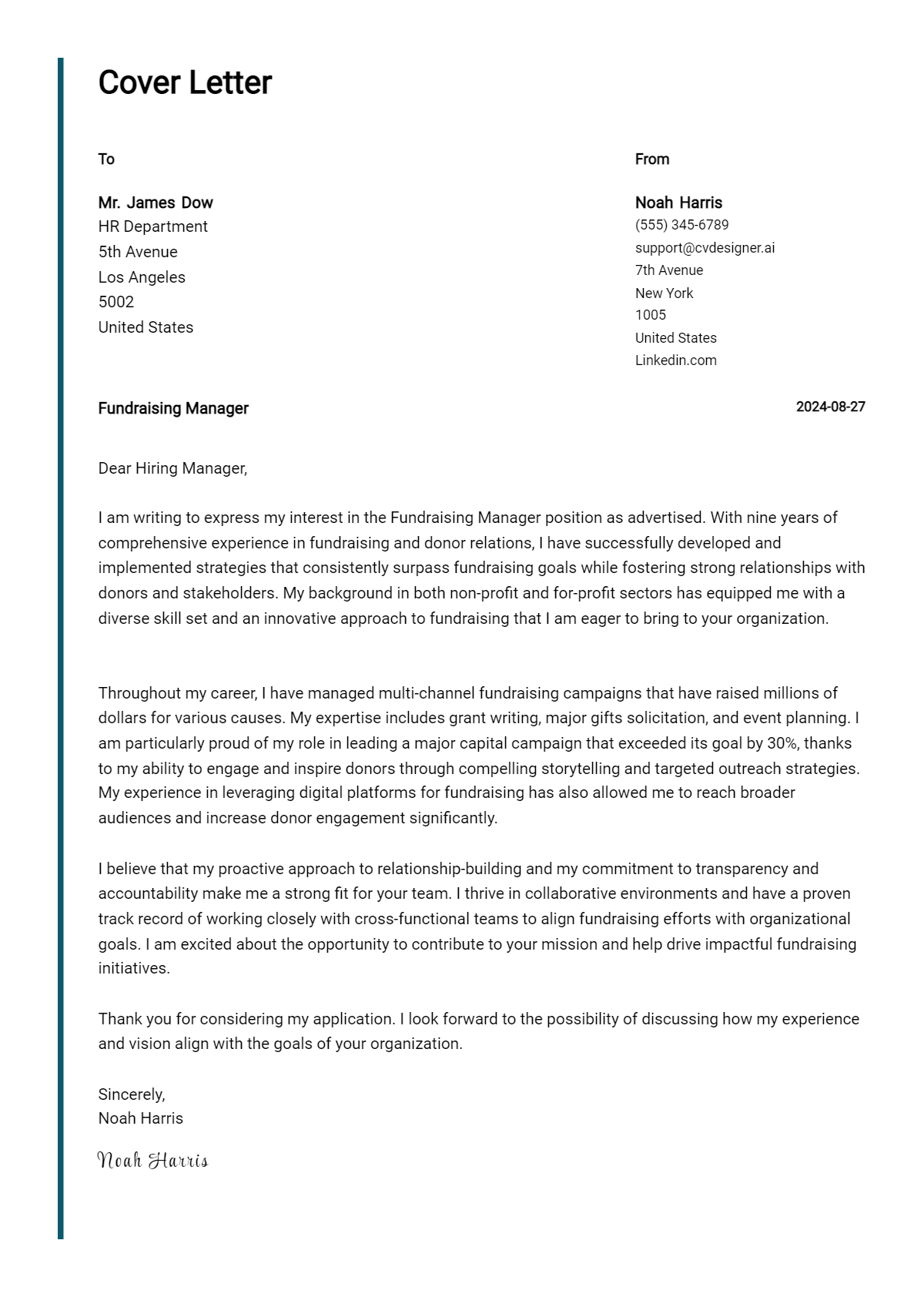 fundraising manager cover letter example