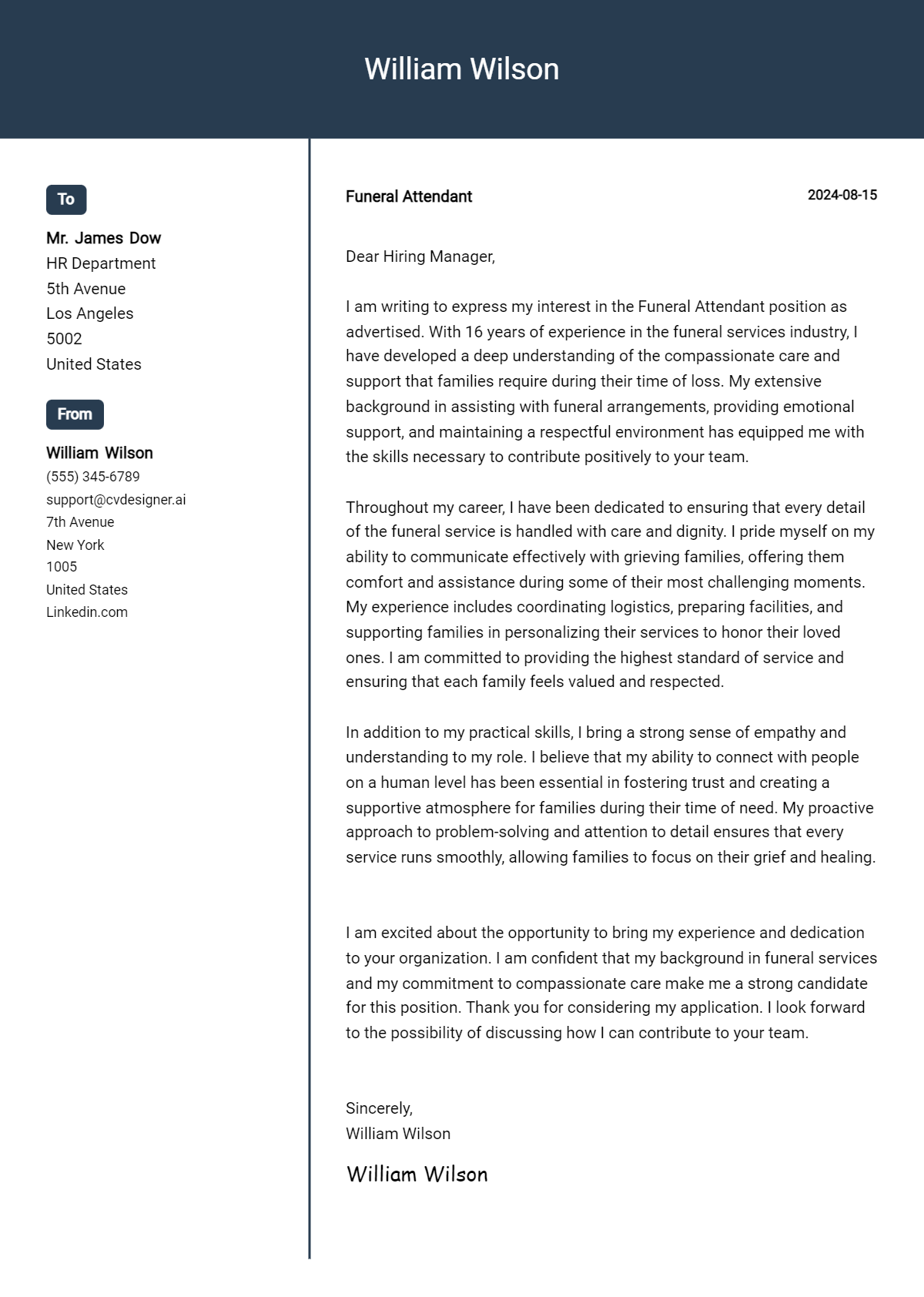 funeral attendant cover letter example
