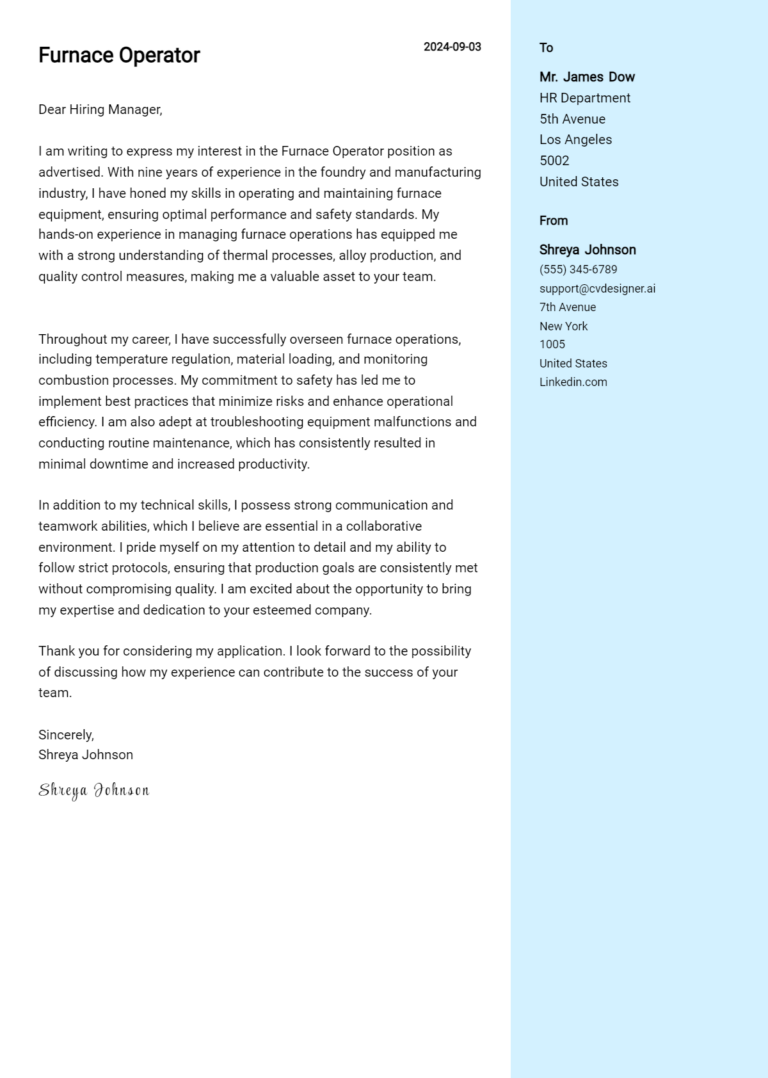 Furnace Operator Cover Letter Example for 2025 (Free Templates)