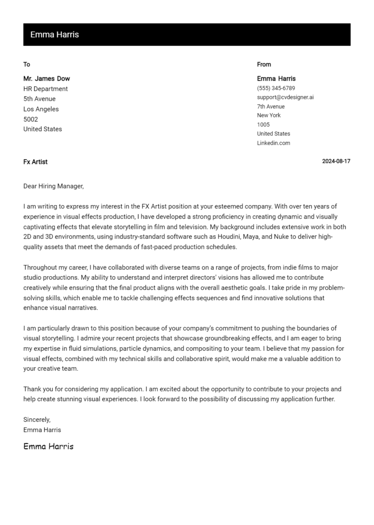 Fx Artist Cover Letter Example for 2025: Ultimate Guide