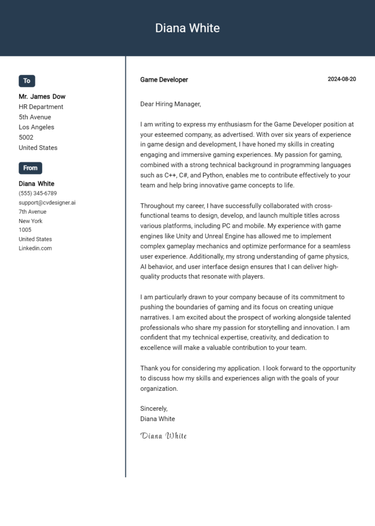 game developer cover letter example