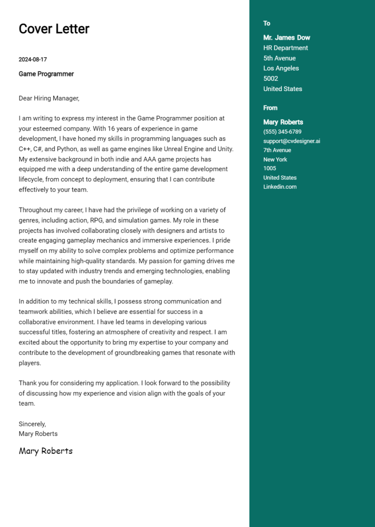 Game Programmer Cover Letter Example for 2025 (Free Templates)