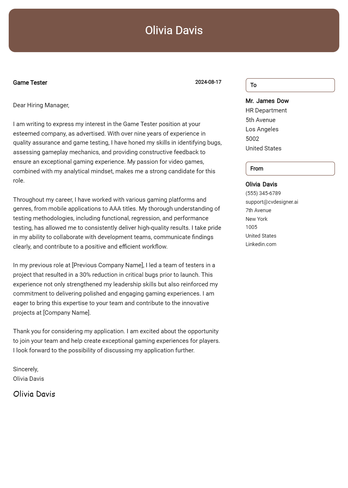 game tester cover letter example