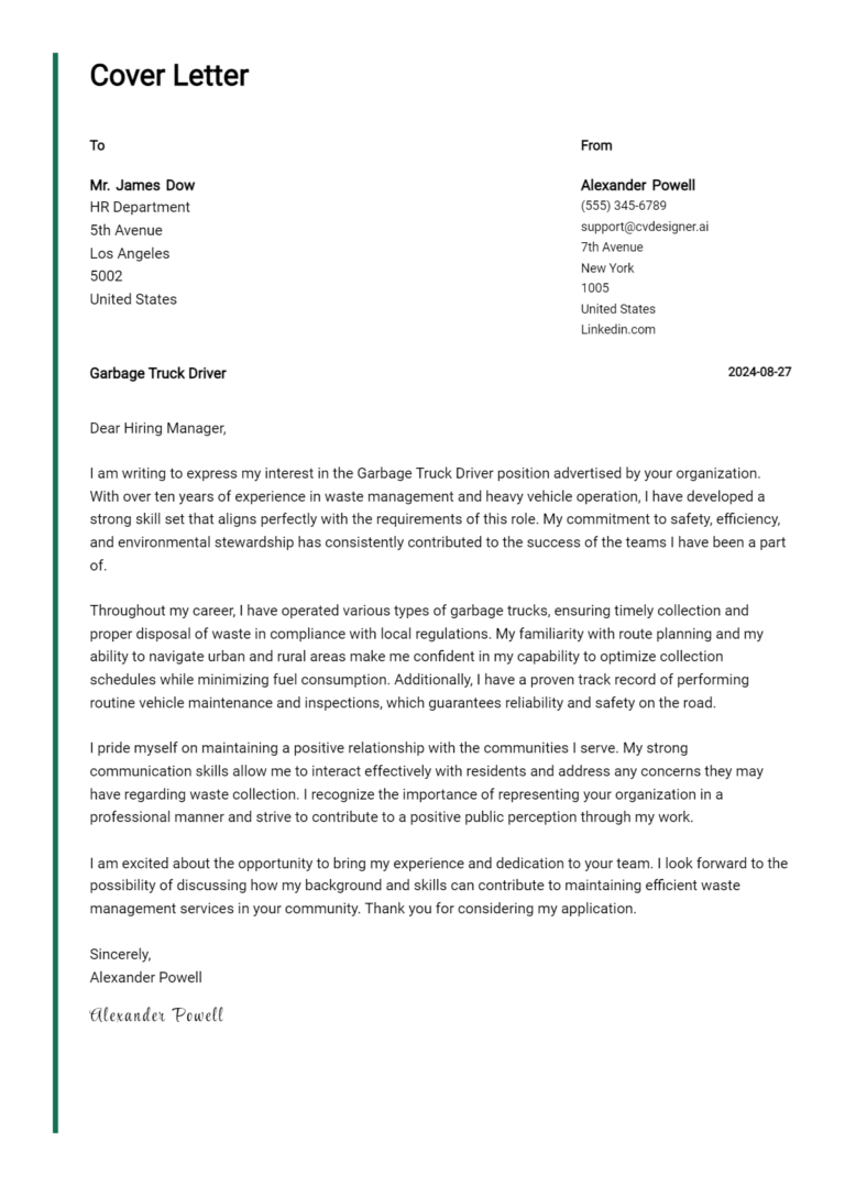 Garbage Truck Driver Cover Letter Examples & Samples for 2025