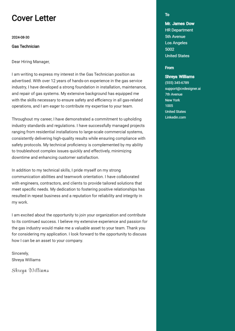 Gas Technician Cover Letter Examples for 2025 (Downloadable)