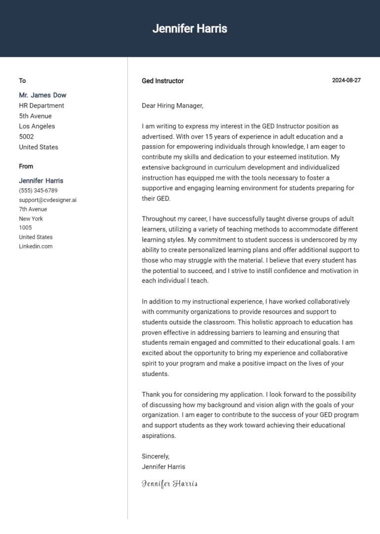 GED Instructor Cover Letter Example for 2025: Top CV Skills
