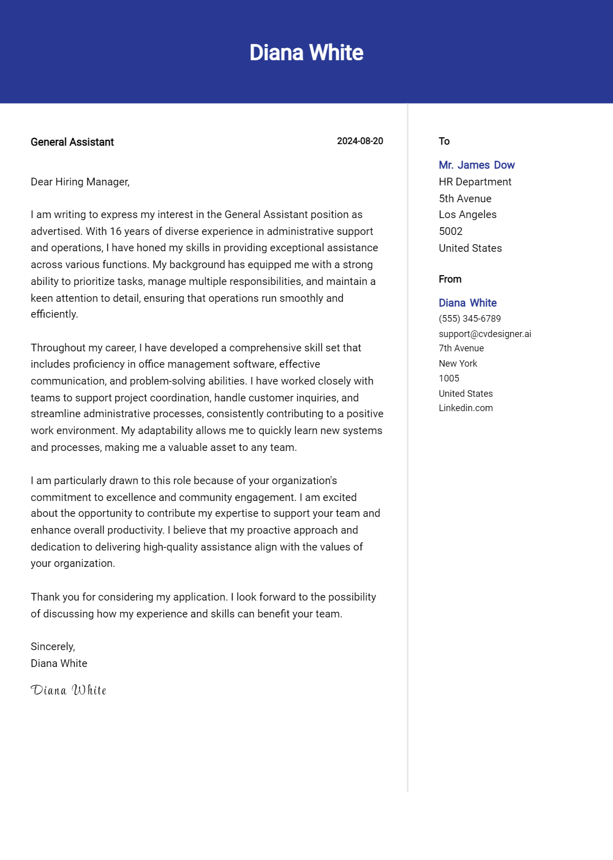 general assistant cover letter example