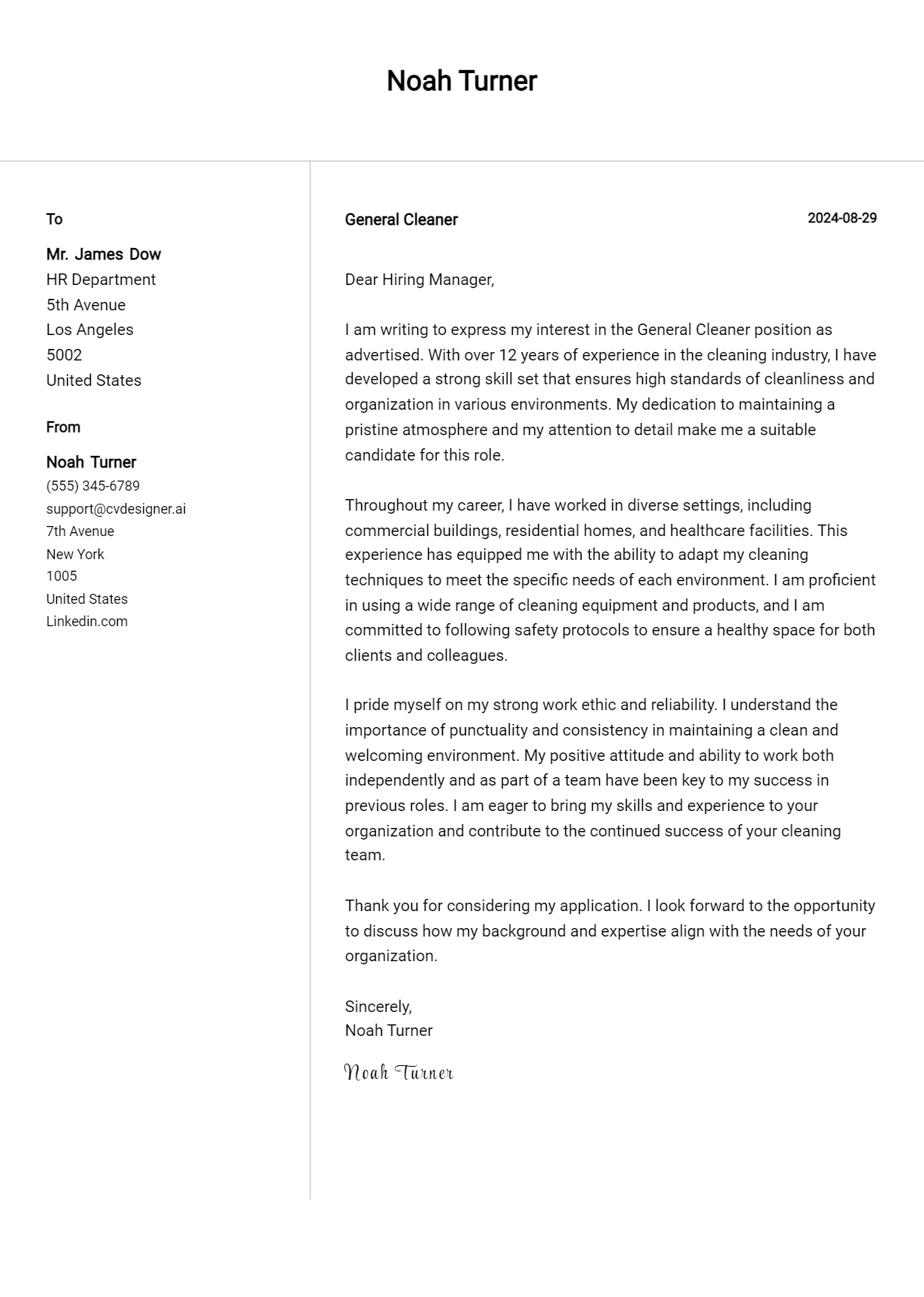 general cleaner cover letter example
