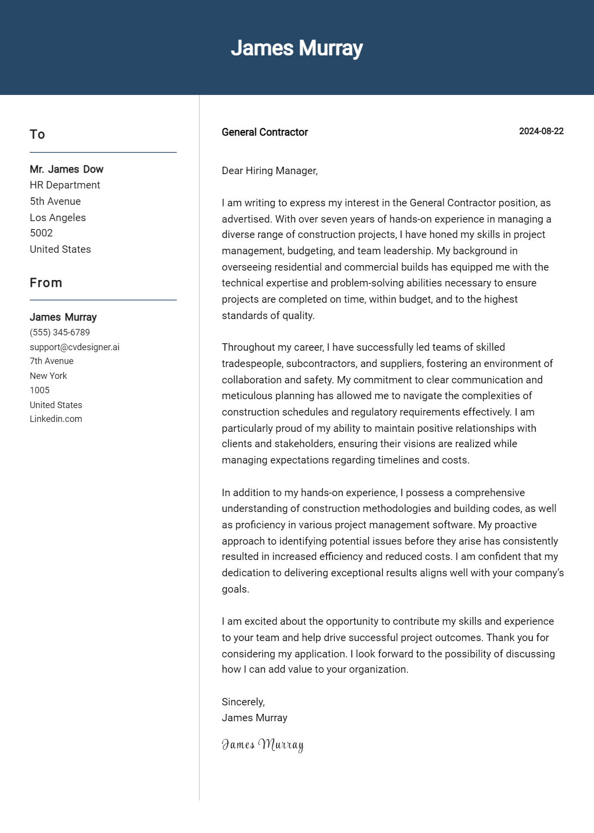 general contractor cover letter example