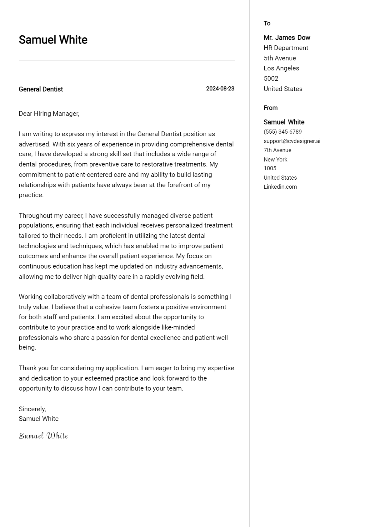 general dentist cover letter example