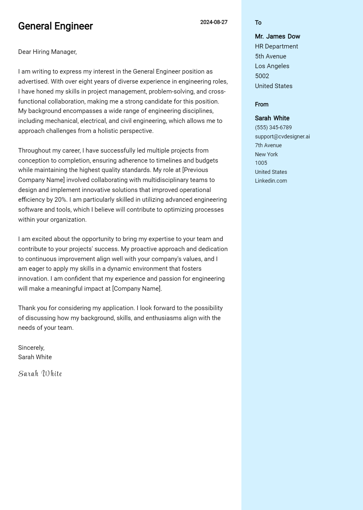 general engineer cover letter example