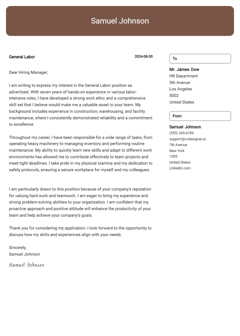 General Labor Cover Letter Example for 2025: Tips & Templates