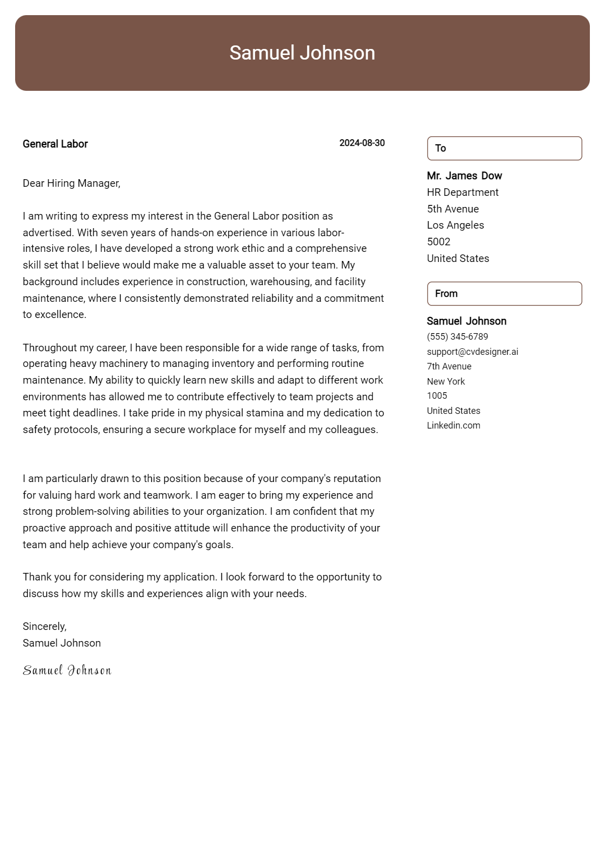 general labor cover letter example