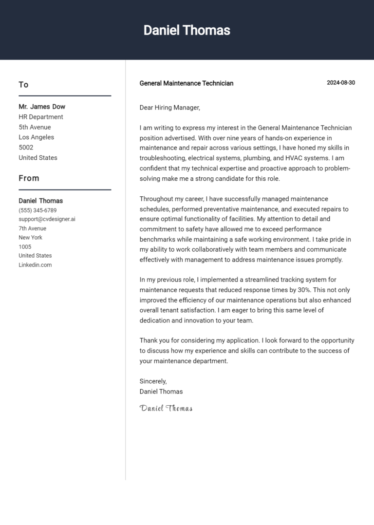 14 General Maintenance Technician Cover Letter Examples with Writing Tips for 2025