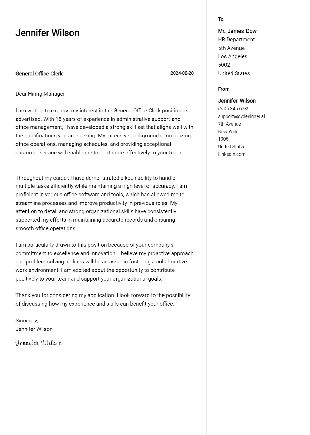 general office clerk cover letter example