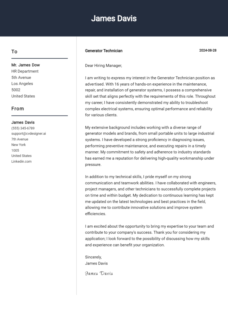 Generator Technician Cover Letter Example for 2025: Free Templates