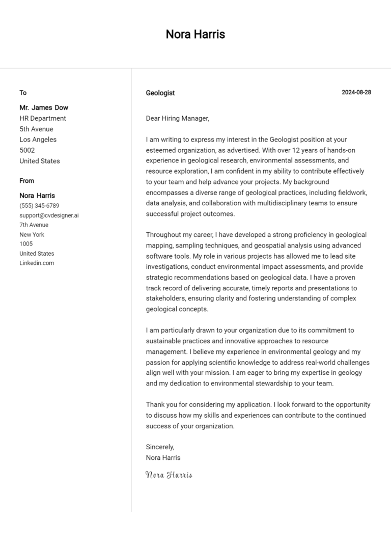 Geologist Cover Letter Example for 2025: Free Templates