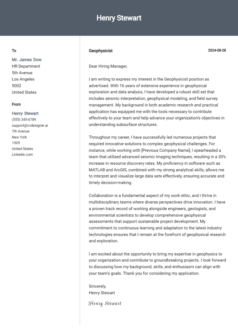 Geophysicist Cover Letter Example for 2025: Tips & Templates