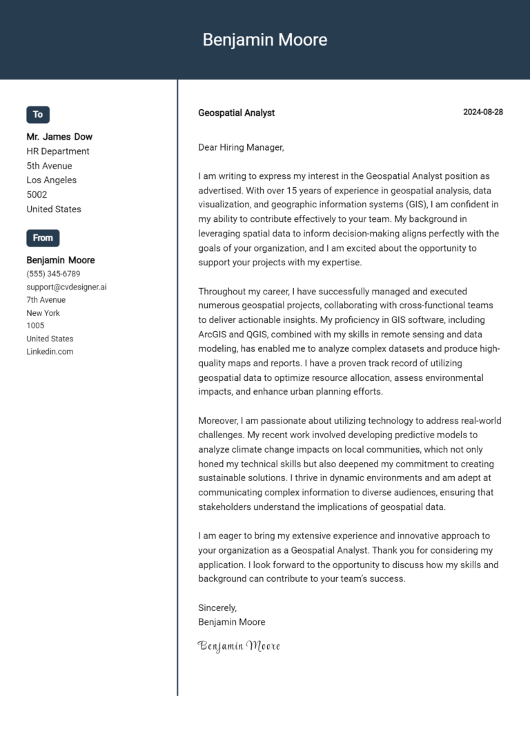 Geospatial Analyst Cover Letter Example for 2025: Expert Tips & Templates 1 Geospatial Analyst Cover Letter Example for 2025: Expert Tips & Templates