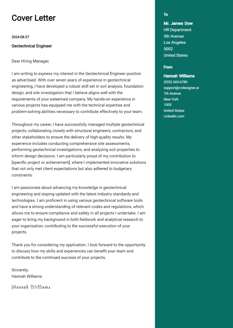 13 Geotechnical Engineer Cover Letter Samples & Examples 2024 ...