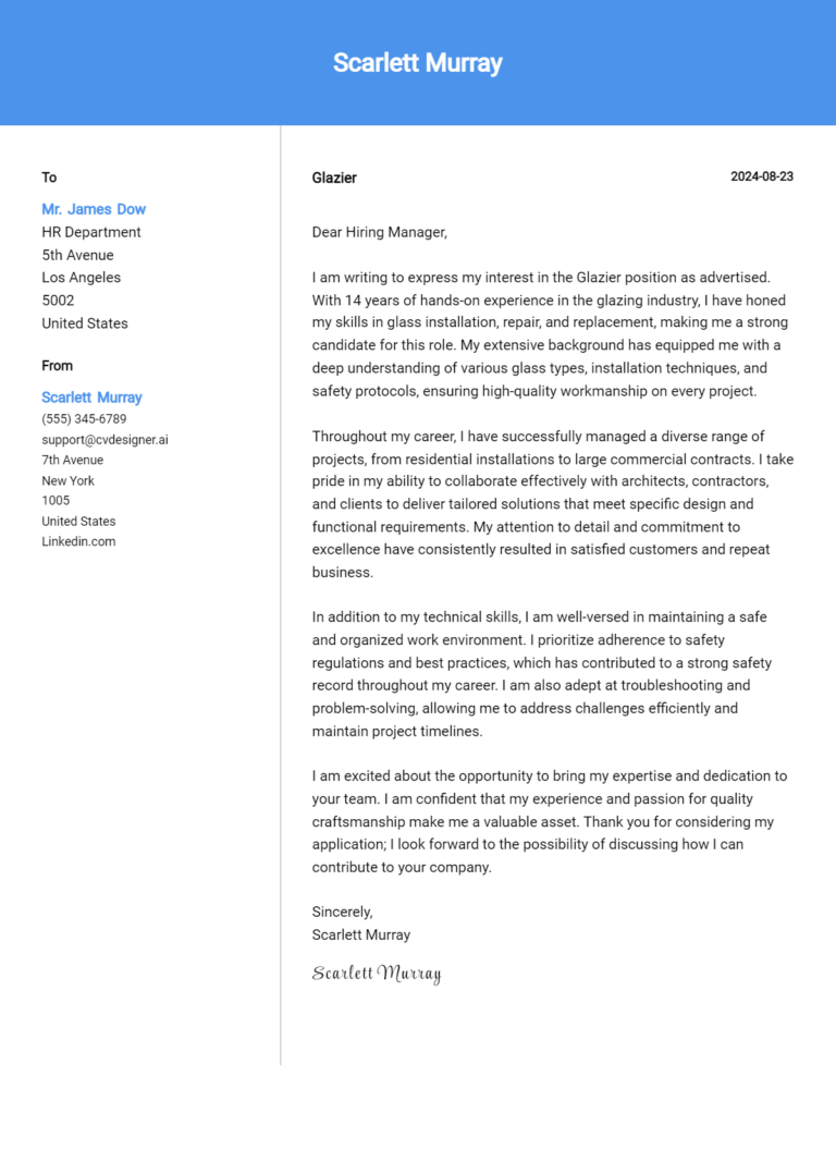 Glazier Cover Letter Examples & Samples for 2025