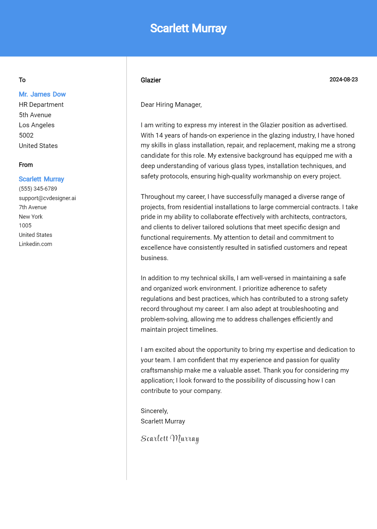 glazier cover letter example