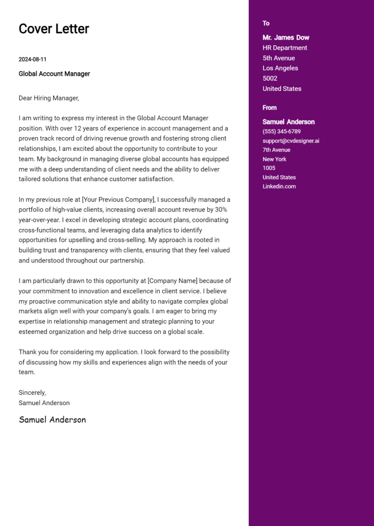 Global Account Manager Cover Letter Example for 2025: Ultimate Guide 1 Global Account Manager Cover Letter Example for 2025: Ultimate Guide