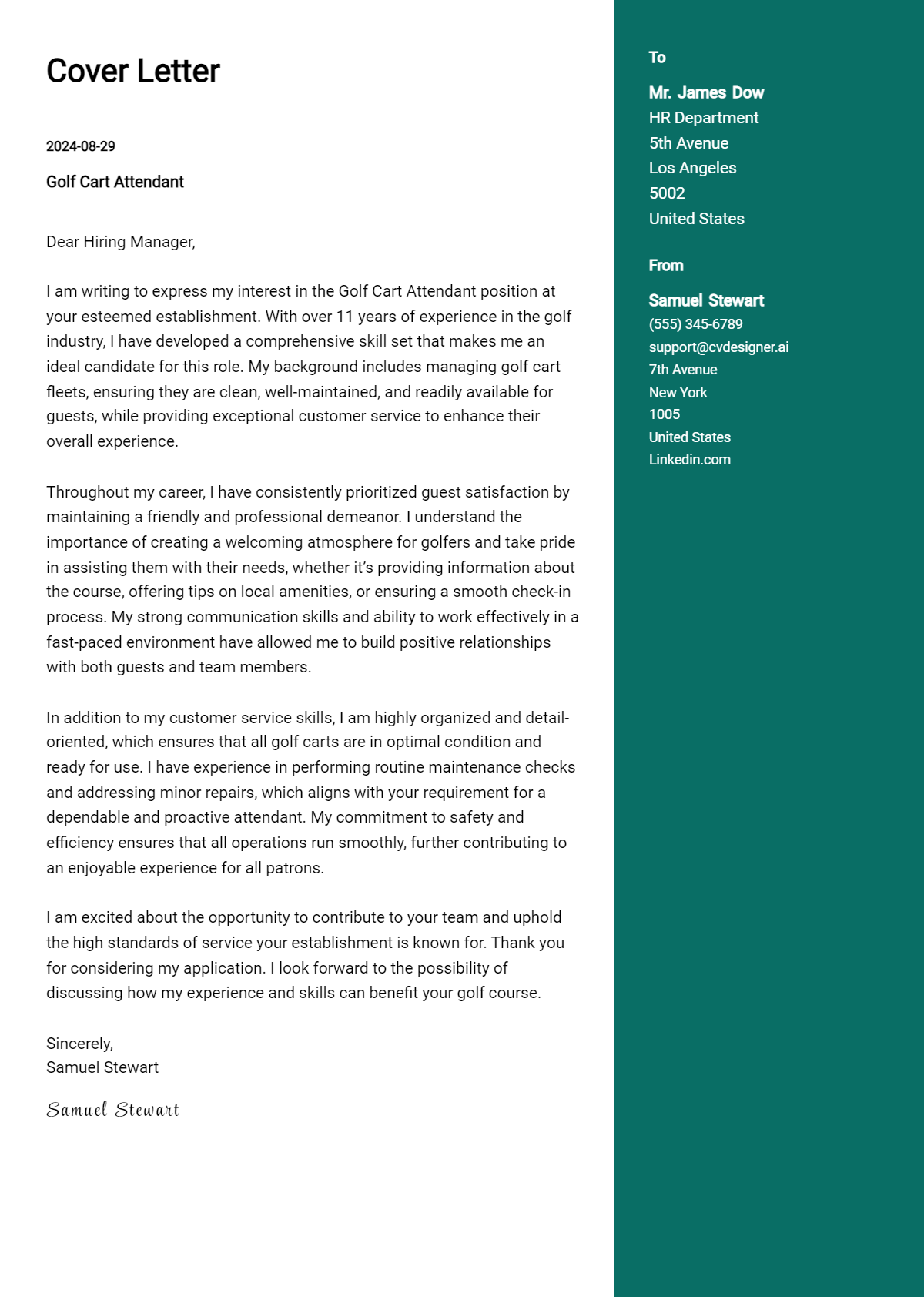 golf cart attendant cover letter example
