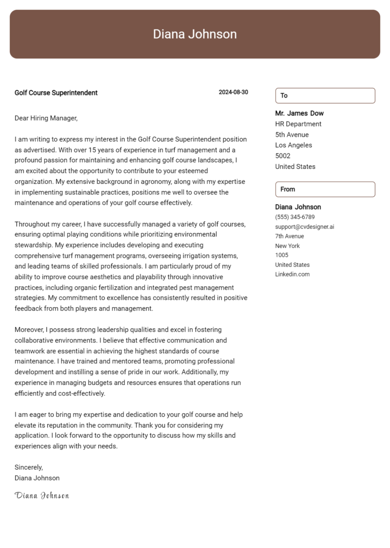 Golf Course Superintendent Cover Letter Example for 2025 (Download Templates)