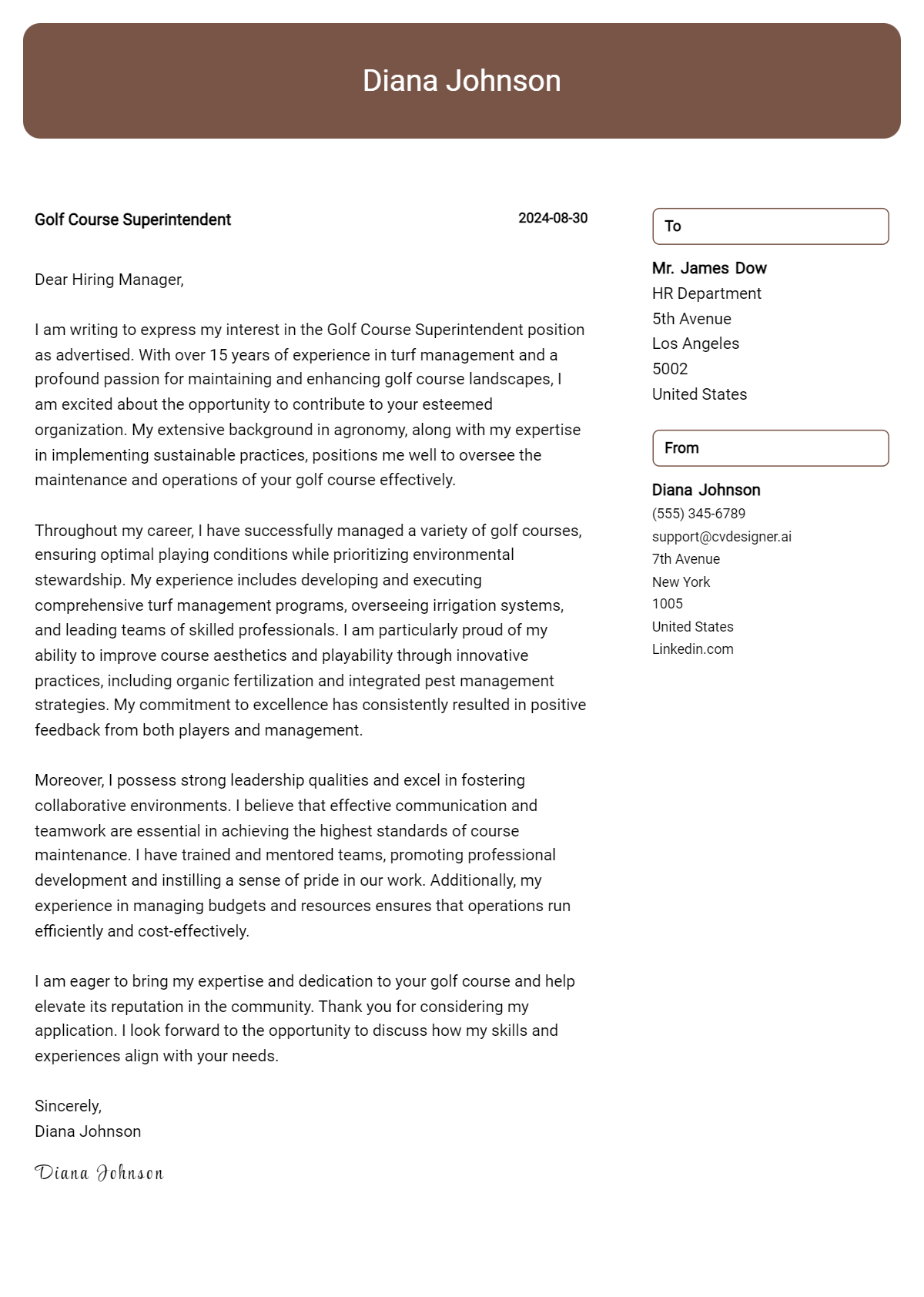 golf course superintendent cover letter example