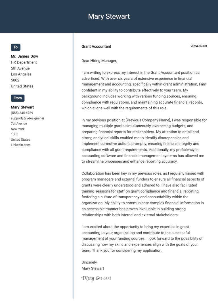 Grant Accountant Cover Letter Examples with Writing Tips for 2025 1 Grant Accountant Cover Letter Examples with Writing Tips for 2025