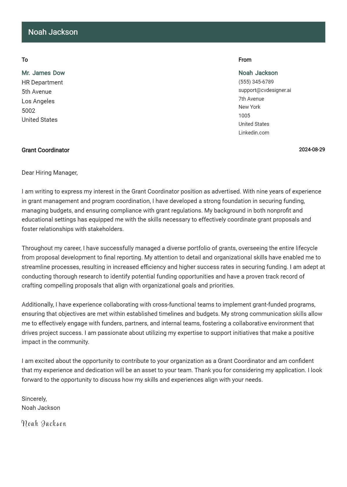 grant coordinator cover letter example