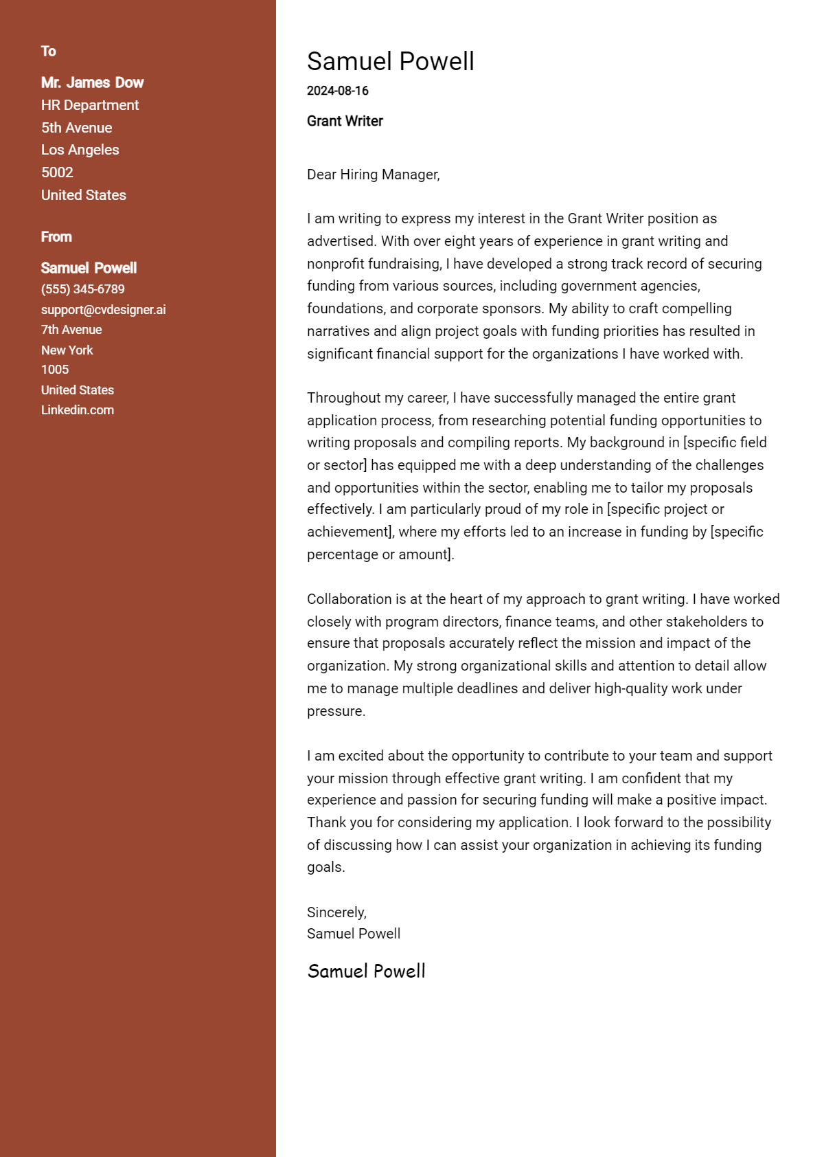 grant writer cover letter example