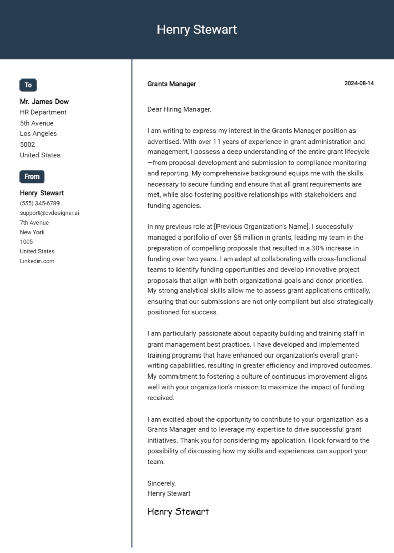 Grants Manager Cover Letter Example for 2025: Tips & Templates