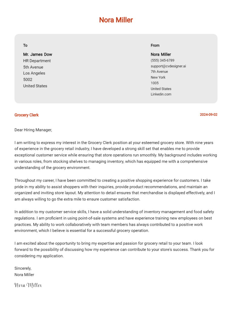 Grocery Clerk Cover Letter Examples for 2025 (Downloadable)