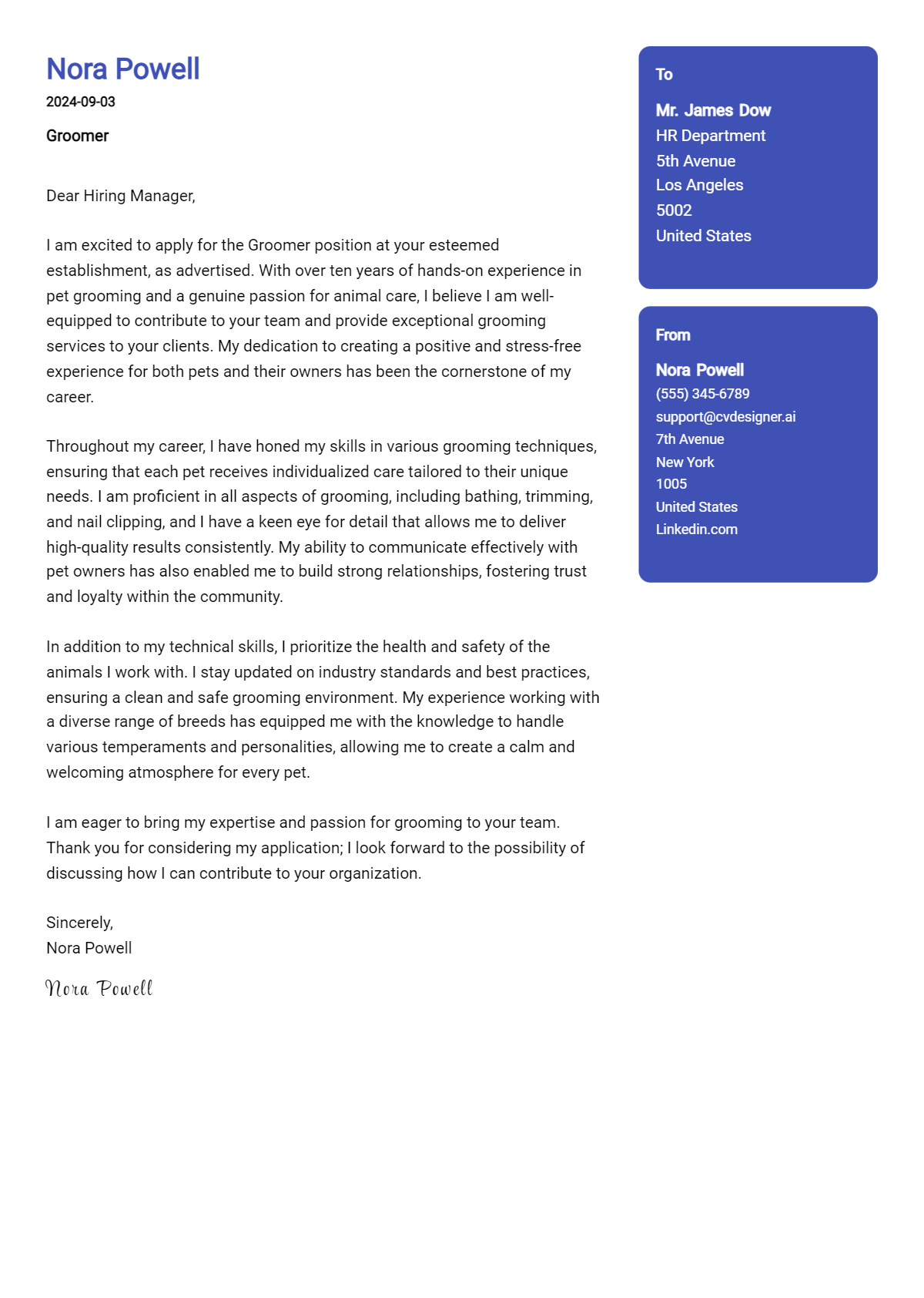 groomer cover letter example