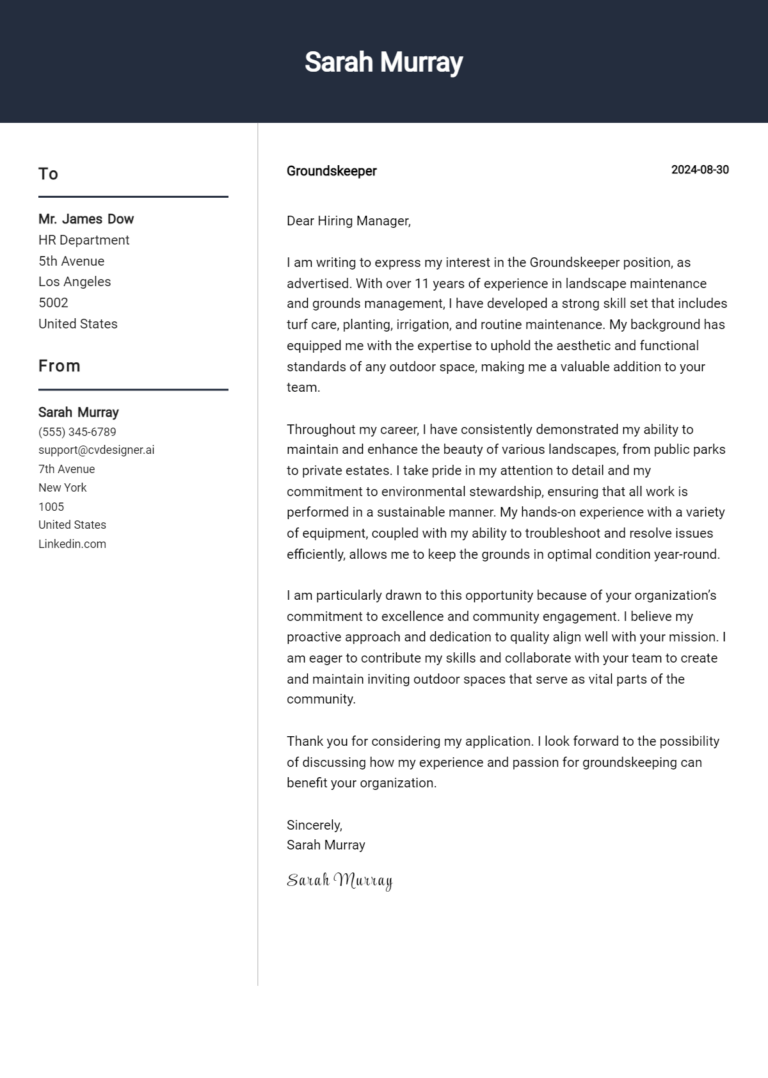 Groundskeeper Cover Letter Examples & Samples for 2025