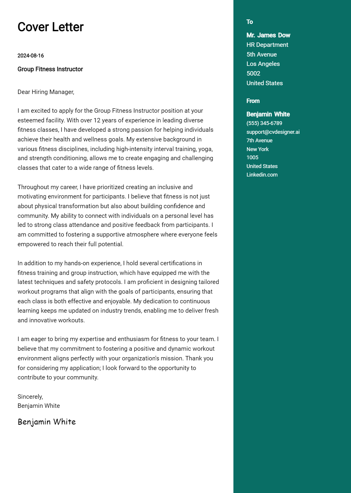 group fitness instructor cover letter example