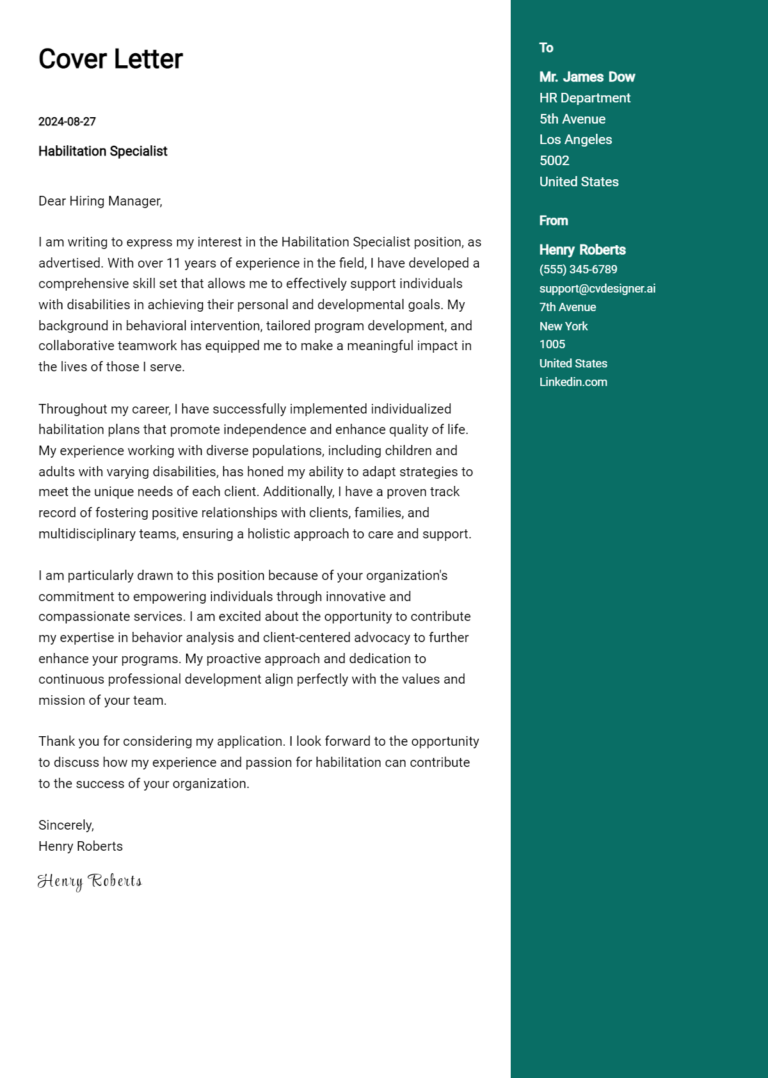 Habilitation Specialist Cover Letter Example for 2025: Ultimate Guide