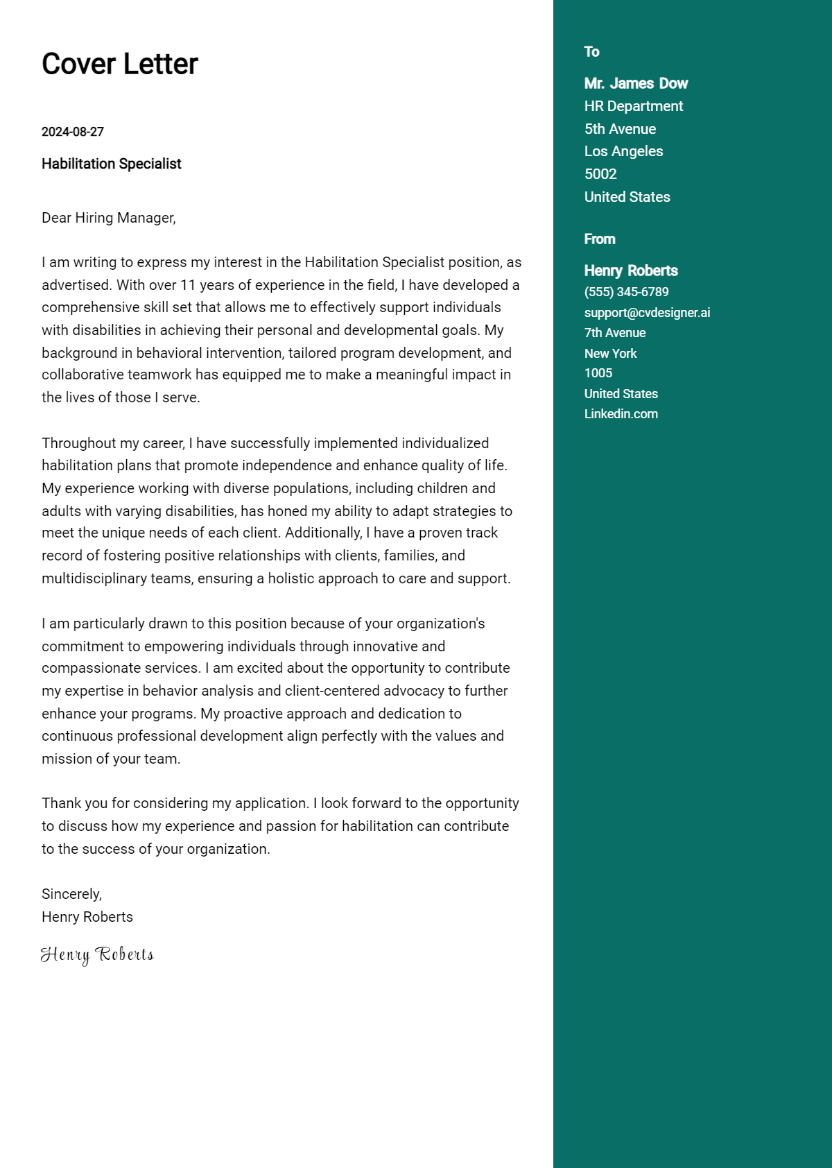 habilitation specialist cover letter example