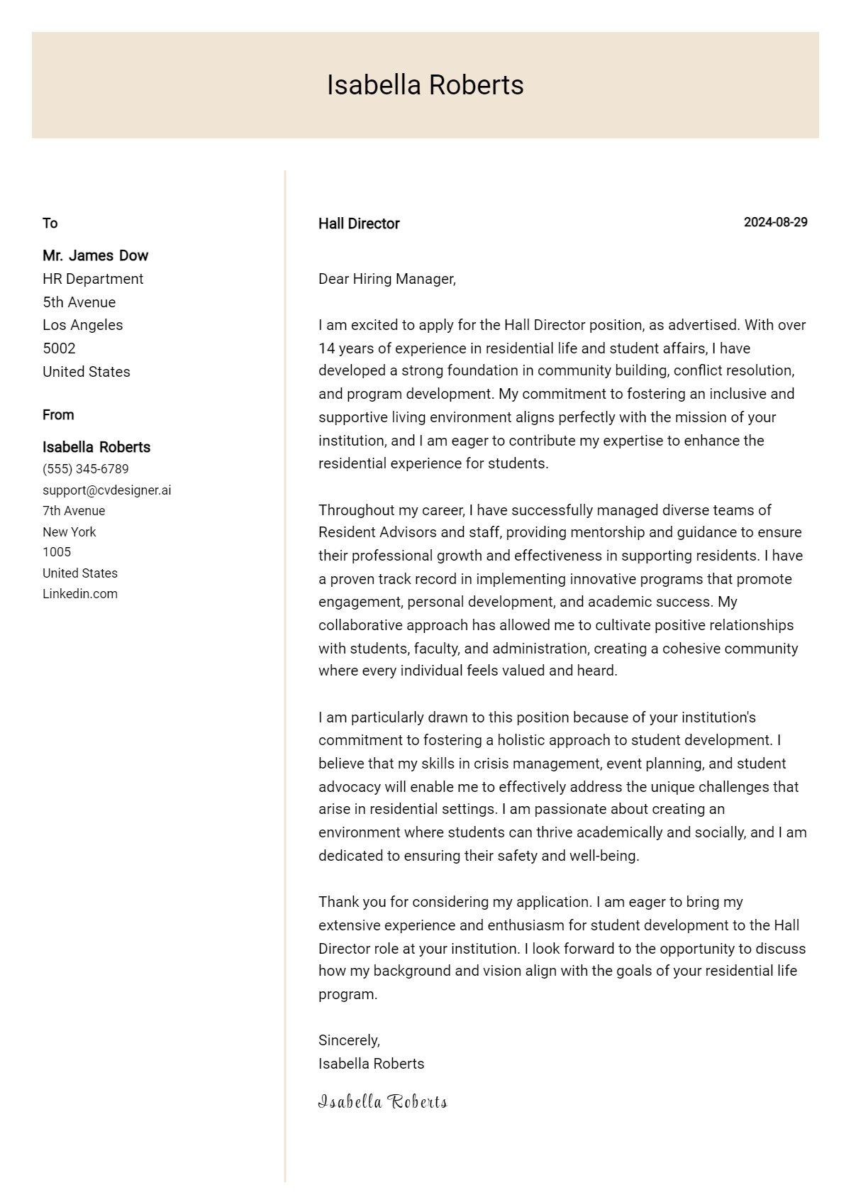 hall director cover letter example