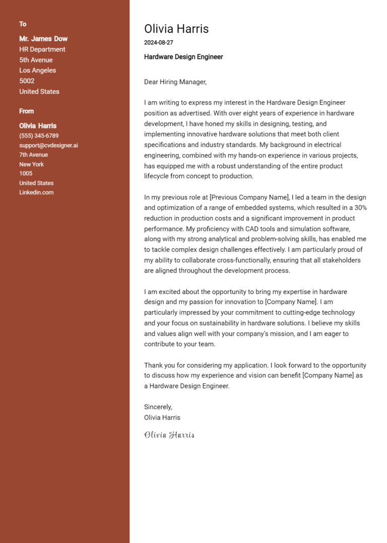 Hardware Design Engineer Cover Letter Examples for 2025 (Downloadable)