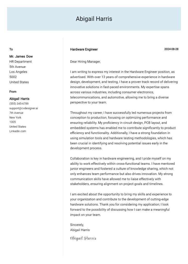 Hardware Engineer Cover Letter Example for 2024 (Free Templates ...