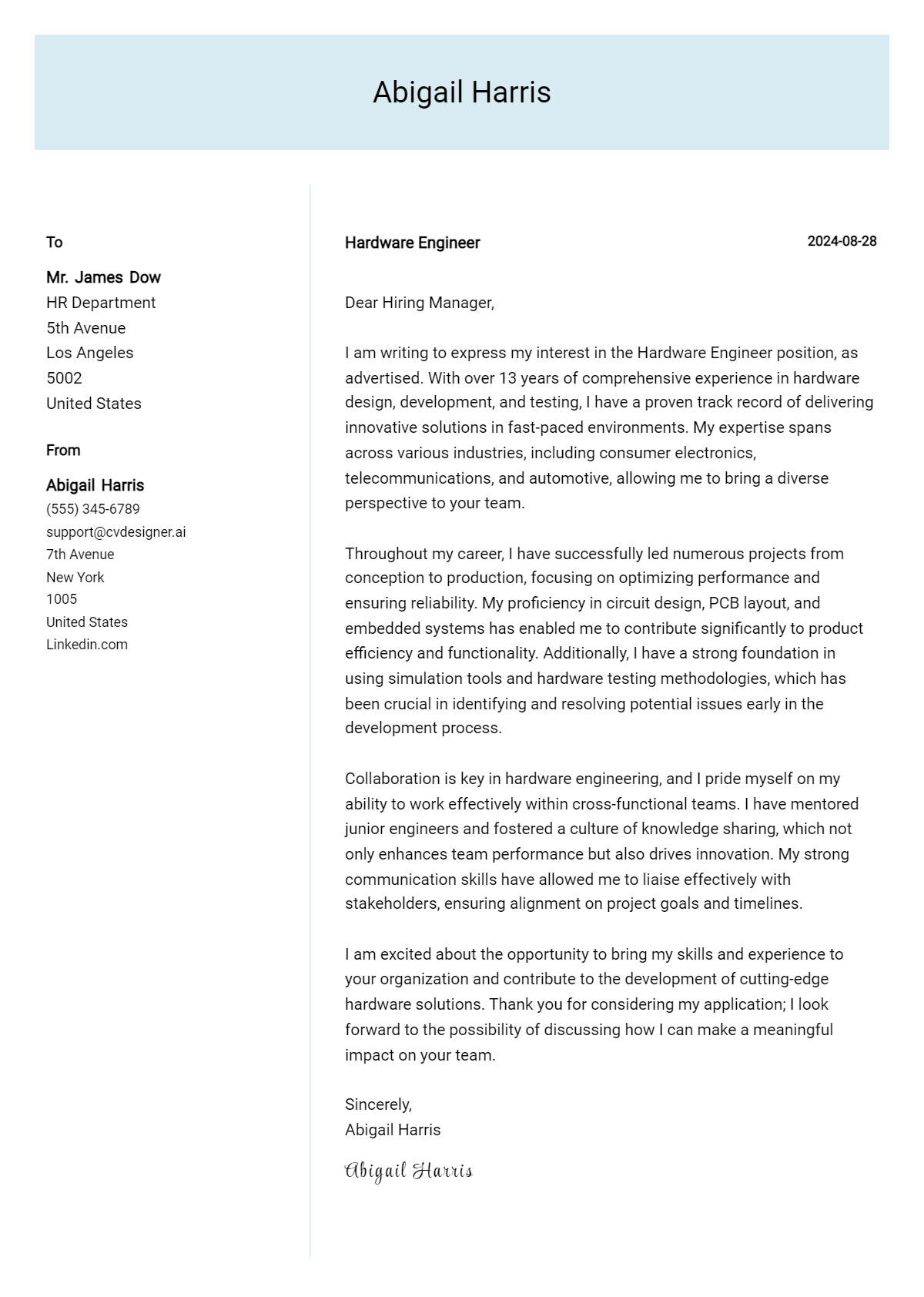 hardware engineer cover letter example